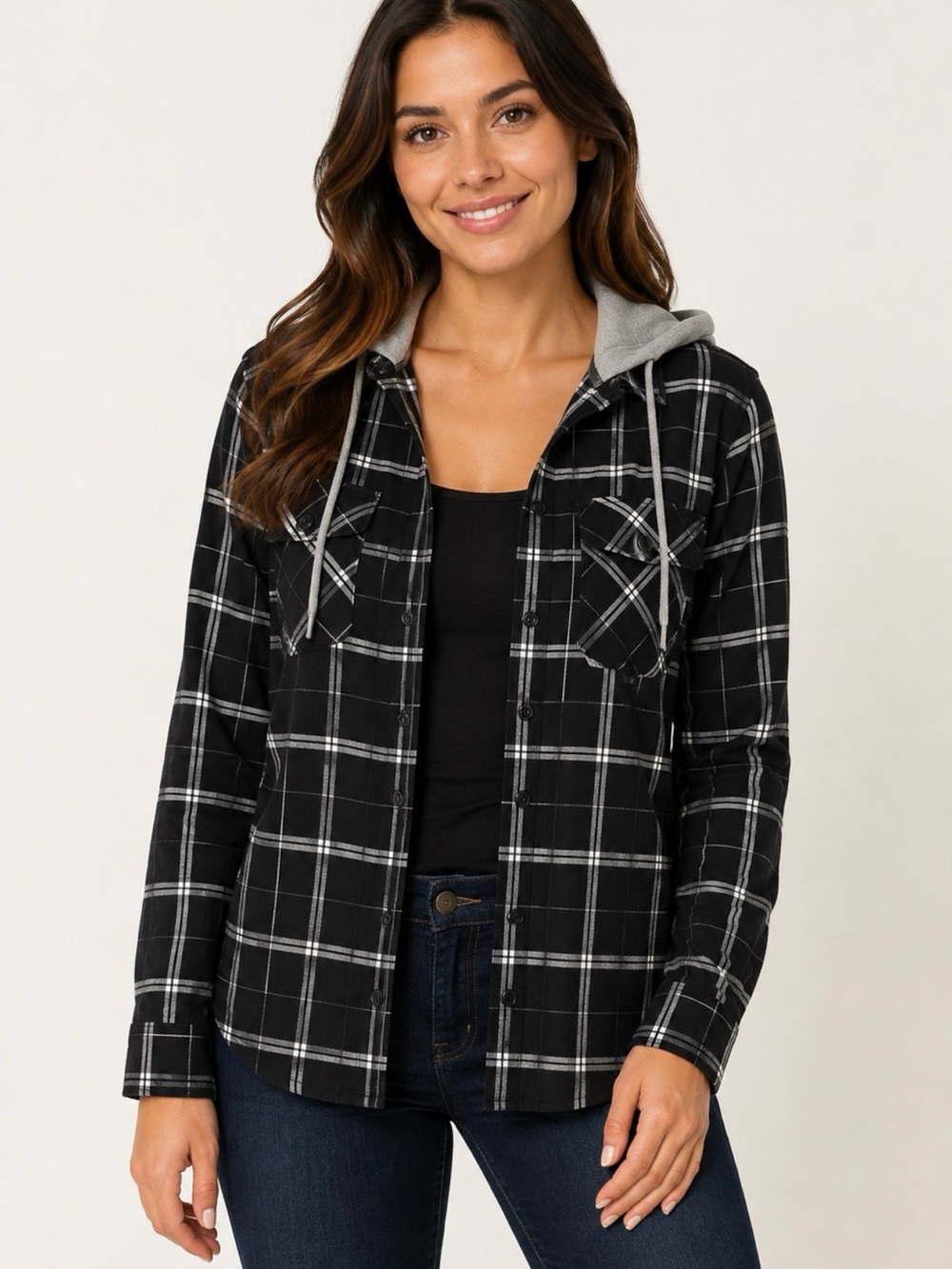 Amnesia Black & White Plaid Hooded Shirt – Size Small